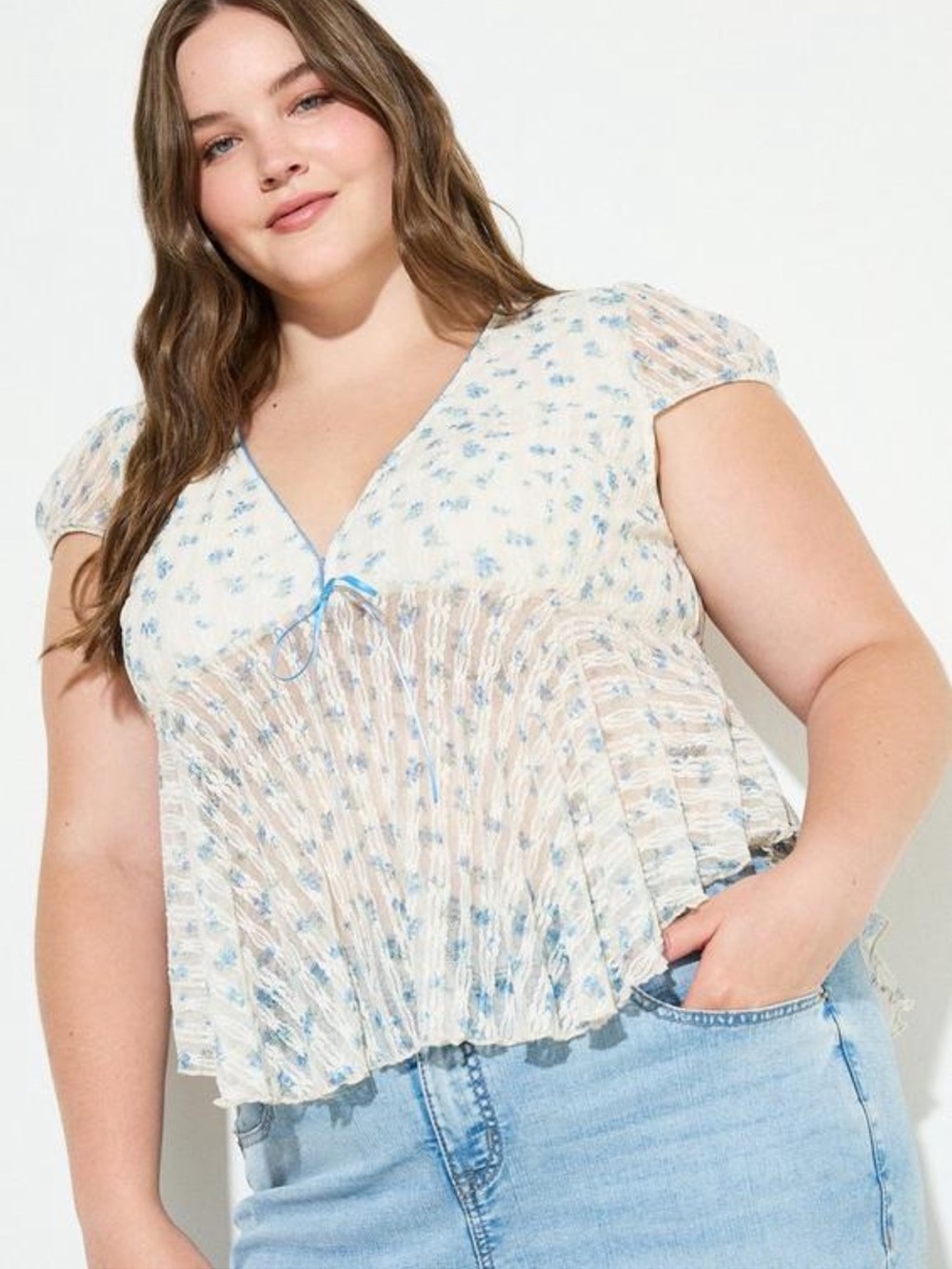 Lovesick Cream and Light Blue Floral V-Neck Peplum Top